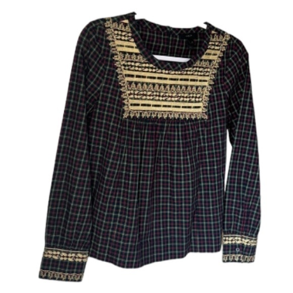 J.Crew Women's Plaid Gold Embroidered Peasant Woven Top XS NEW‎ H3478 Holiday - Picture 9 of 9